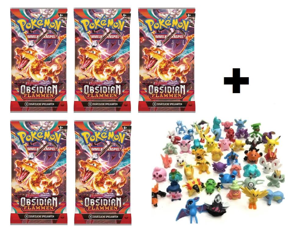 5 Pokemon Booster Packs "Obsidian Flammen" + 3 Sammelfiguren